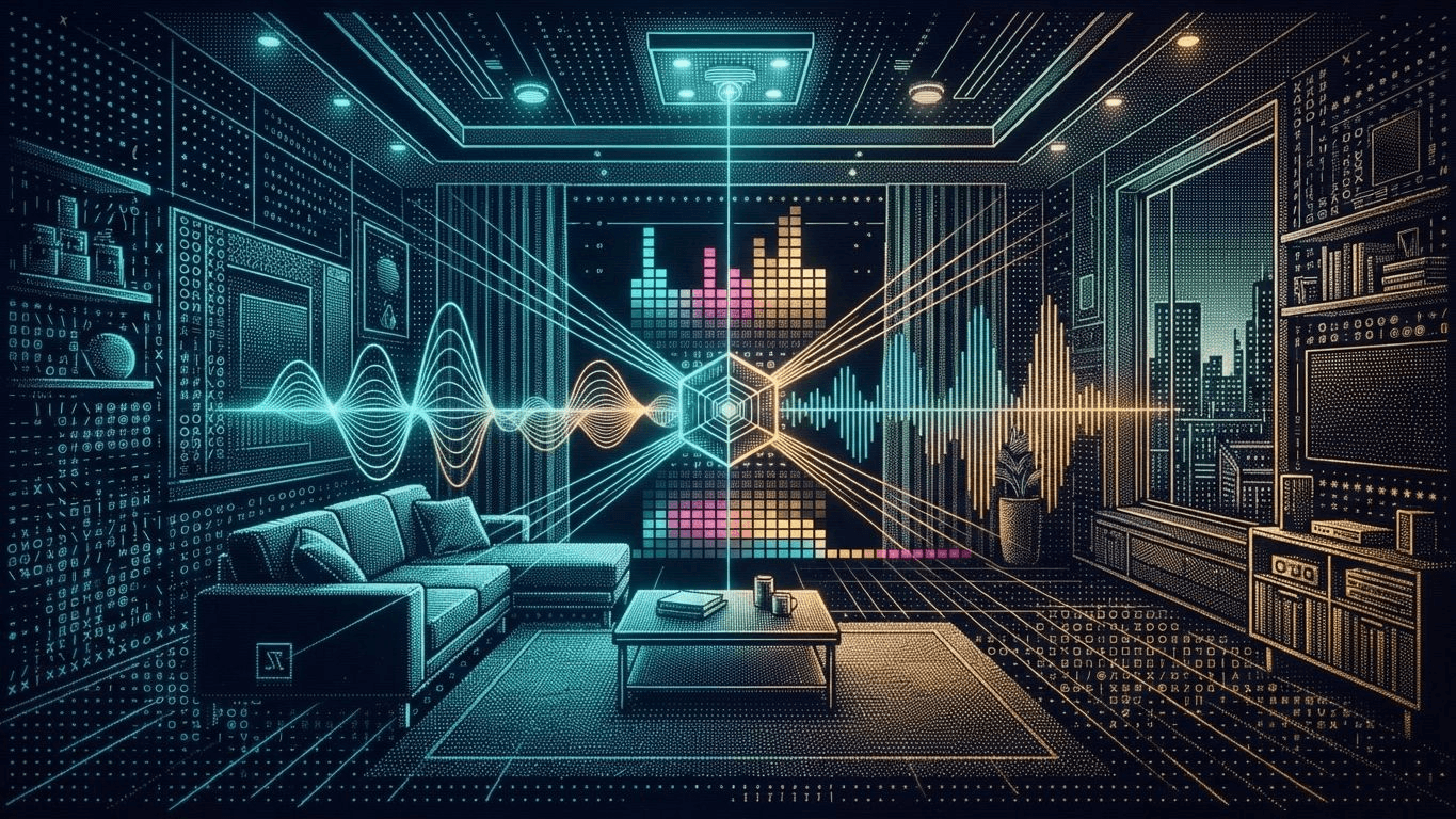 A digital blueprint of a living room showing audio waves and light spectrums being synchronized.